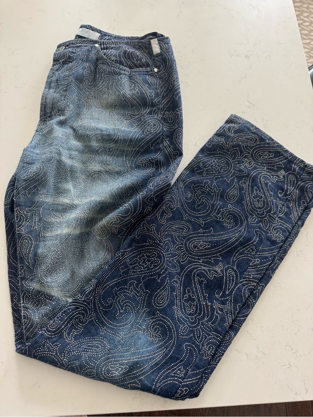 Versace Vintage Y2K Couture Women's Dark Blue Paisley Straight-Leg Jeans